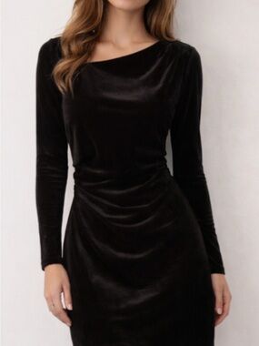 Zara Black Velvet Draped Long-Sleeve Mini Dress